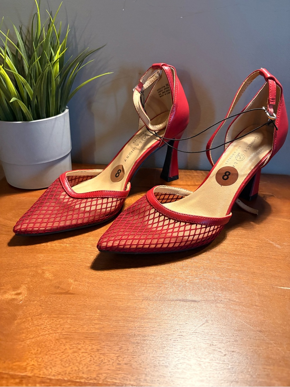 Chinese Laundry Red Mesh Pointed-Toe Ankle-Strap Heels